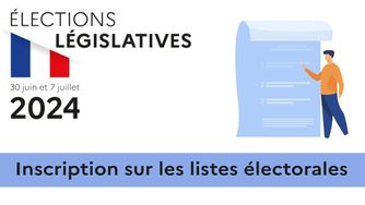 logo elections legislatives 2024 avec electeur s'inscrivant sur un panneau