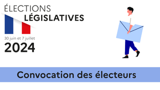 logo elections legislatives 2024 et un electeur avec son bulletin de vote sous le bras